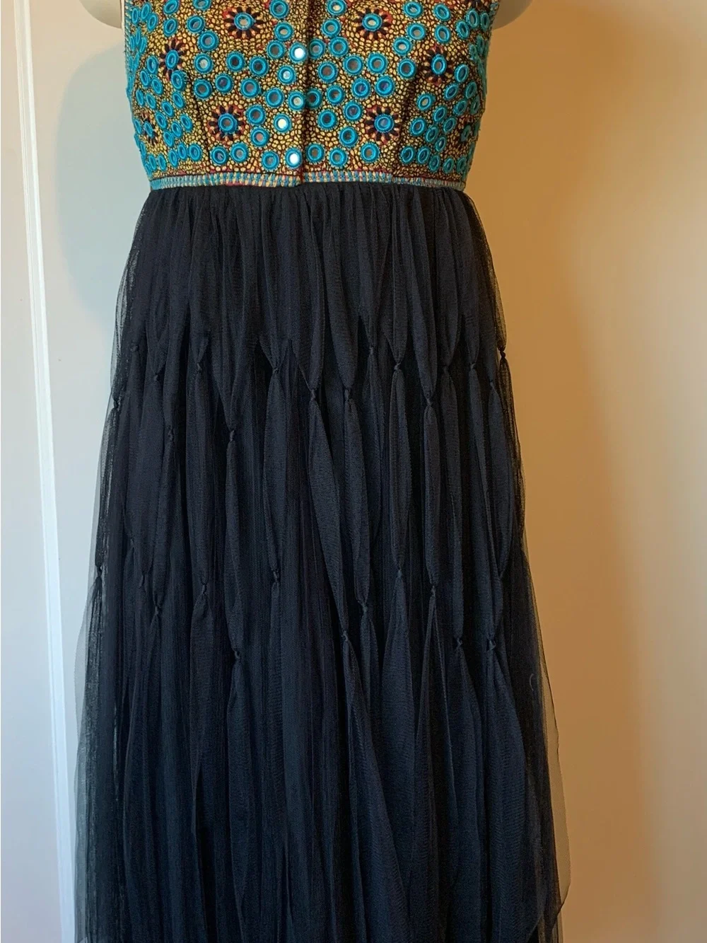Free People Mirrored Turquoise & Gold Embroidered Dress with Black Net Skirt